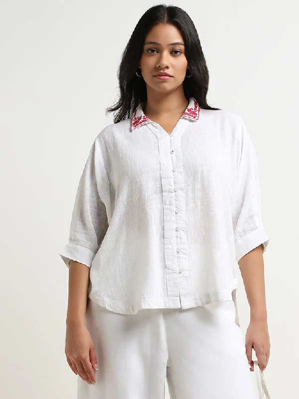 Final Clearance Gia White Floral Embroidered High-Low Cotton Blouse