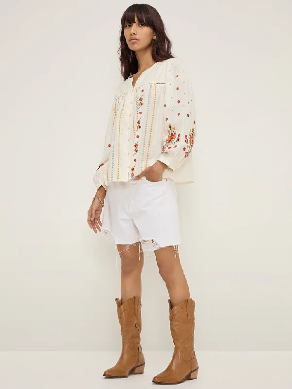 Can't Resist Bombay Paisley White Embroidered Cotton Blouse