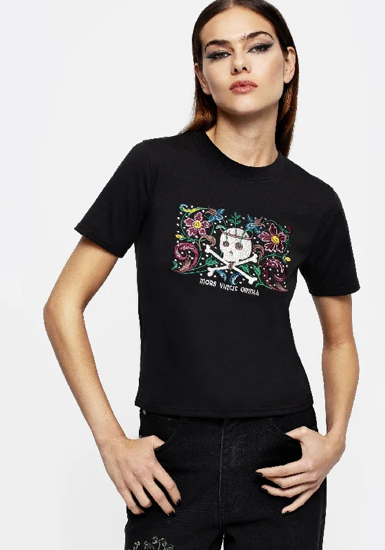 Weekend Deals That Please Death Conquers All Floral Skull Embroidered Graphic Crop Tee