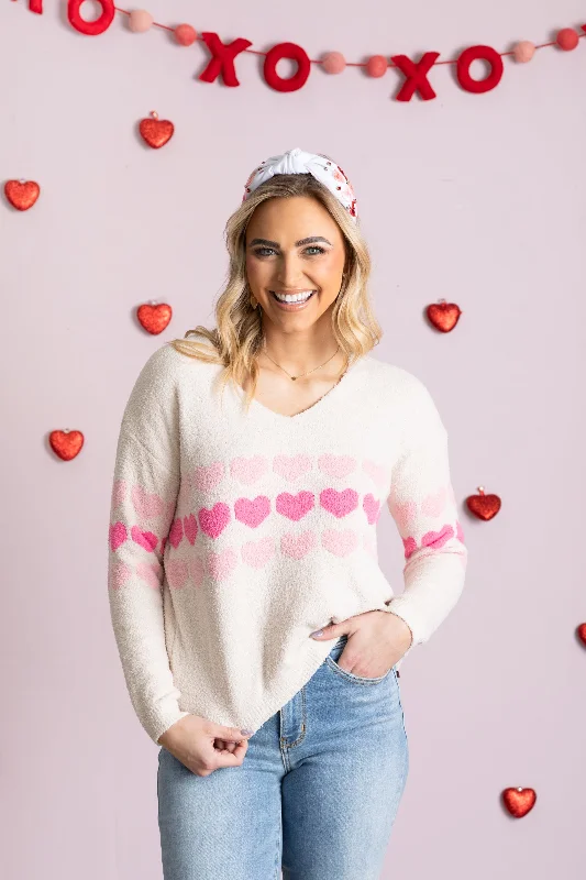 Midnight Madness Beige With Pink Hearts V-Neck Knit Top
