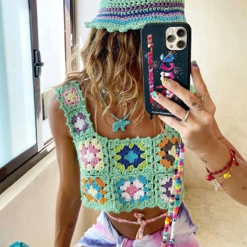 Super Savings Vibrant Floral Pullover Square Neck Crochet Knit Tank Top - Mint