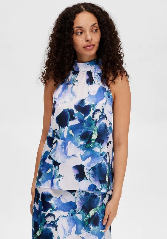 Time-Sensitive Selected Femme Rachelle Print Halter Neck Top, Royal Blue