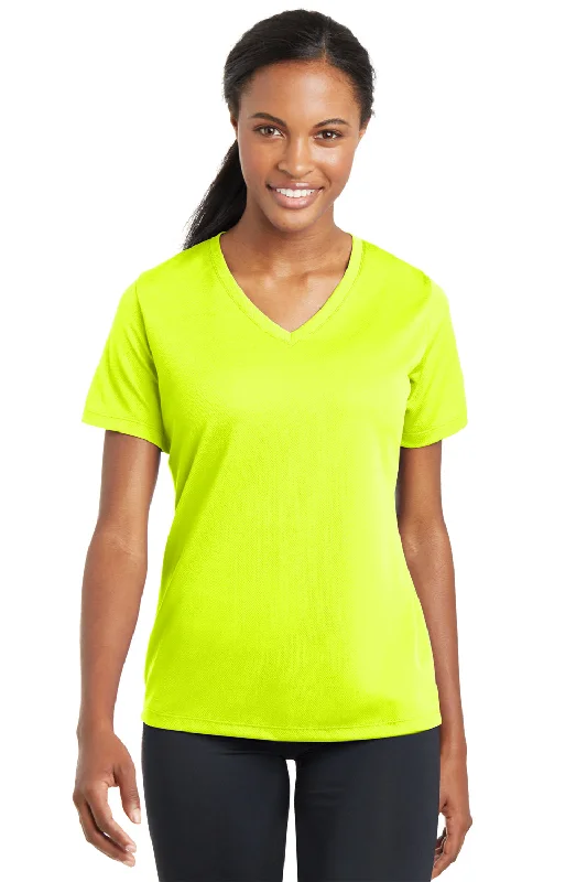 Extra Savings Sport-Tek Womens RacerMesh Moisture Wicking Short Sleeve V-Neck T-Shirt - Neon Yellow - Closeout Extra Savings Sport-Tek Womens RacerMesh Moisture Wicking Short Sleeve V-Neck T-Shirt - Neon Yellow - Closeout