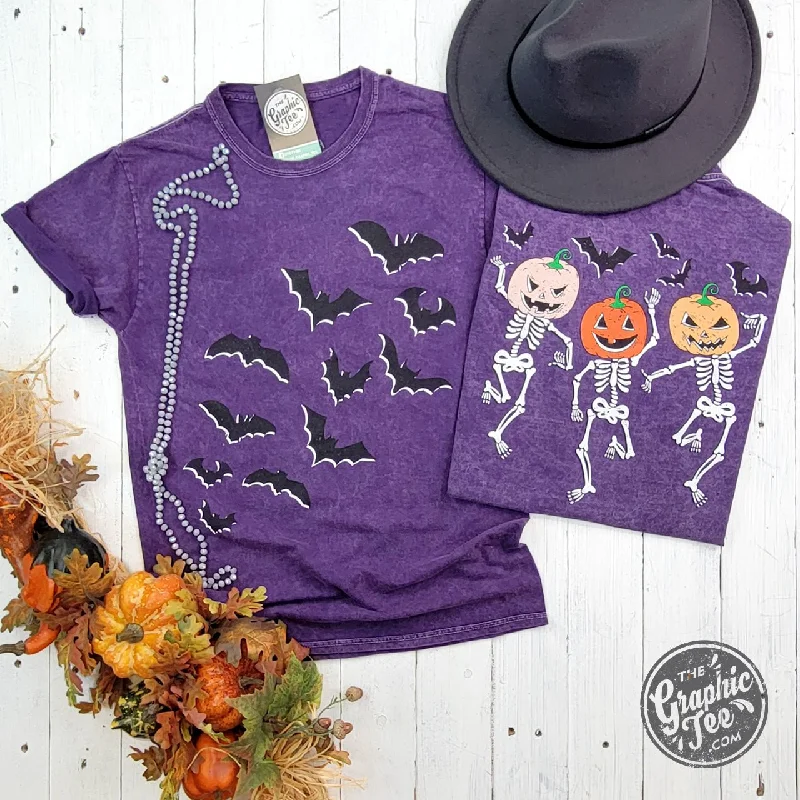 Warehouse Sale Bats and Dancing Skeletons Front and Back Design Halloween Purple Mineral Wash Short Sleeve Tee Warehouse Sale Bats and Dancing Skeletons Front and Back Design Halloween Purple Mineral Wash Short Sleeve Tee