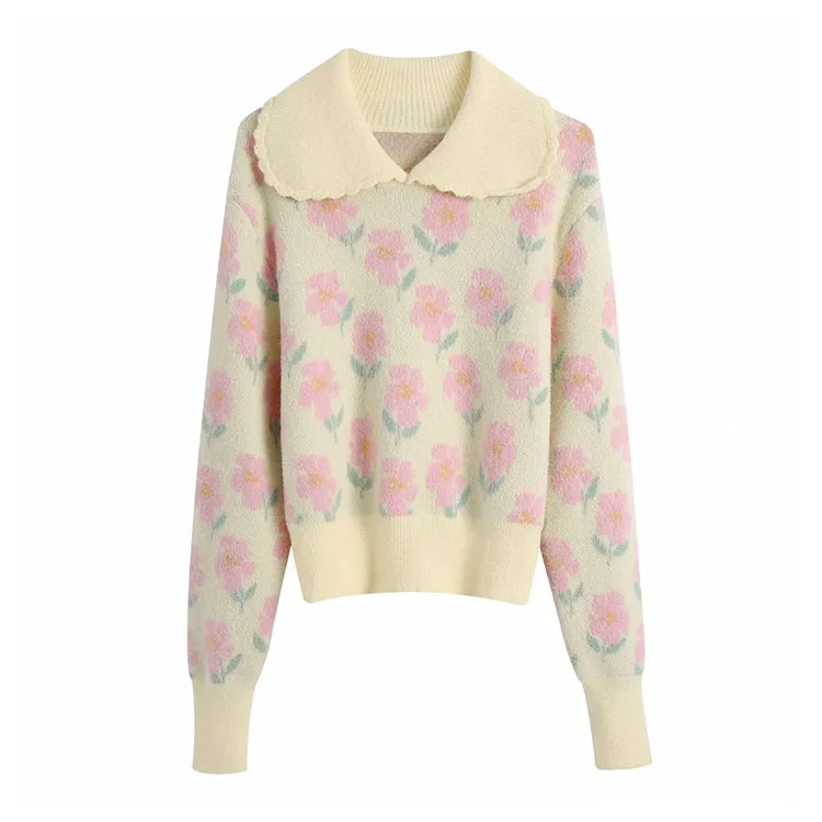 Unbeatable Prices Round Lapel printed sweater baby collar sweater  7167