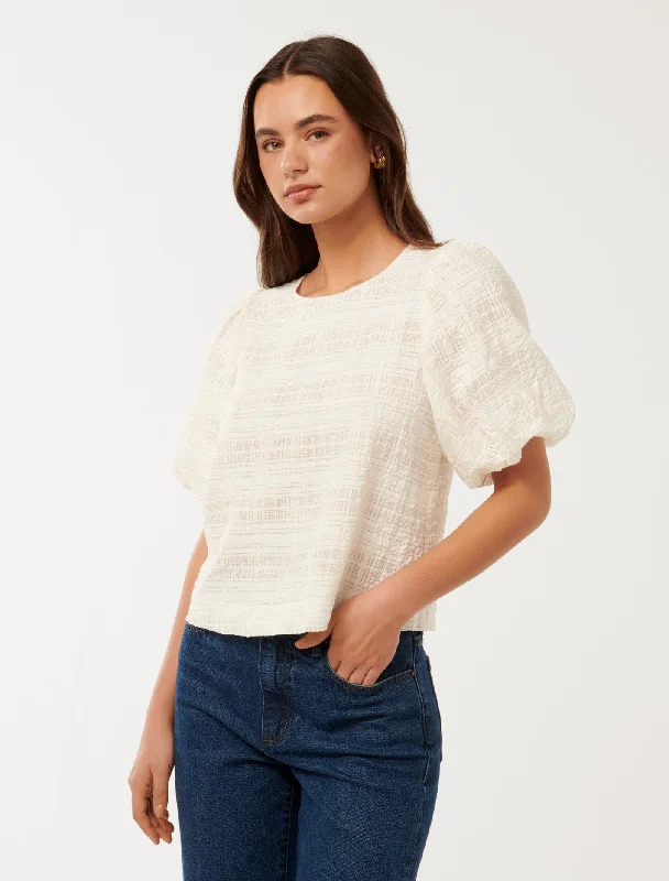 Act Fast Sara Check Bubble Sleeve Top