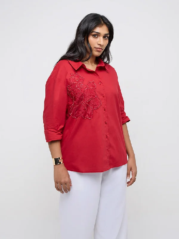 Major Savings Gia Red Floral Embellished Cotton Blouse