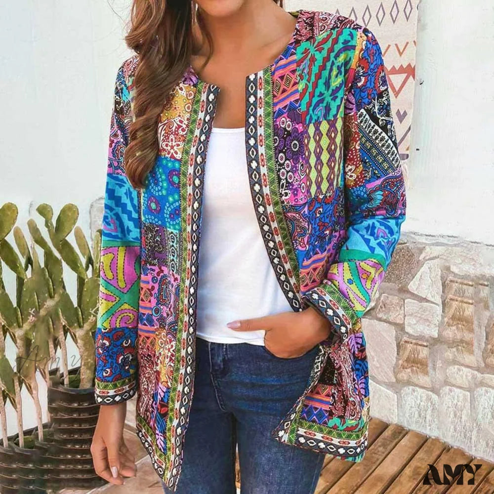 Warehouse Sale Amy Fashion - Ethnic Floral Print Long Sleeve Loose Coat Cardigan Chic Outerwear