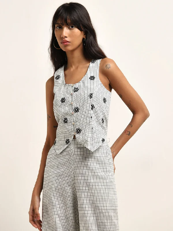Deal Frenzy Bombay Paisley Grey Checkered Waistcoat Cotton Blend Top