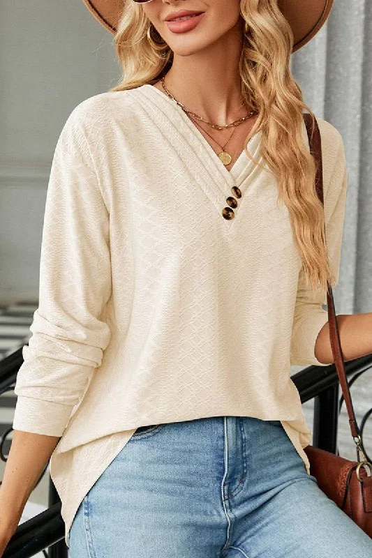 Sale Event BUTTON DECKED V NECK PATTERN STITCHED BLOUSE