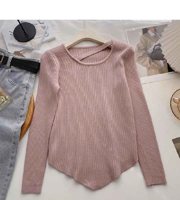 Super Bargain Design sense crew neck T-shirt solid color versatile long sleeve bottoming shirt  6693