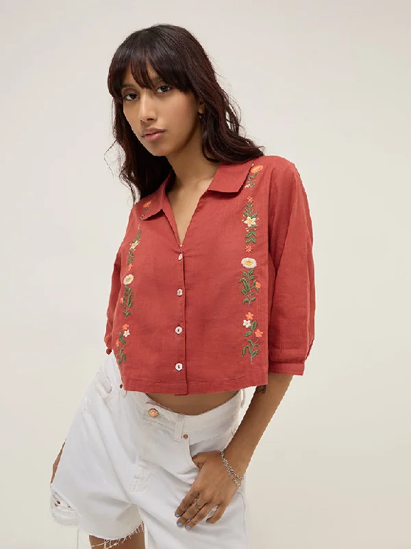 Daily Special Bombay Paisley Rust Floral Embroidered Cotton Blend Shirt