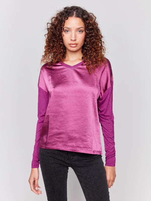 Take Action Satin and Jersey V-Neck Knit Top - Mulberry