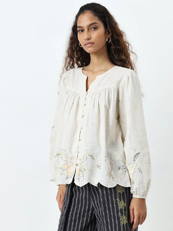 Special Buy Bombay Paisley Off-White Floral Embroidered Cotton Blouse
