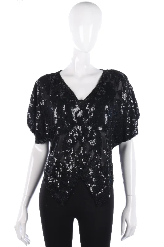 Special Buy Vintage Silk Sequinned Butterfly Top Black Size M