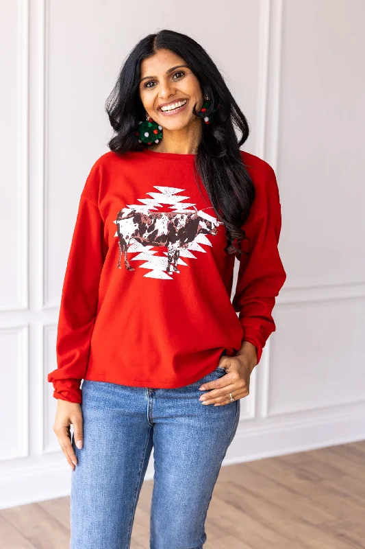 Seasonal Sale Aztec Cow on Red Crazy Cozy Microfleece Crewneck