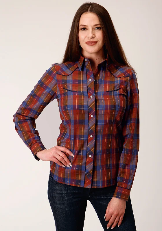 Weekend Bargains to Savor Roper Womens 825 Windowpane Wine/Peri Cotton Blend Retro L/S Shirt