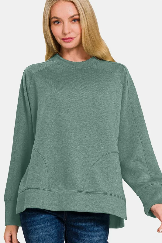 Lowest Price Zenana Scuba Round Neck Side Slit Sweatshirt
