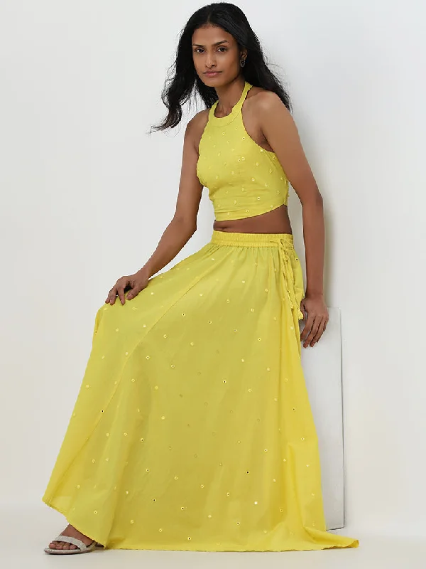 Deal Dash Utsa Yellow Mirror Work Cotton Crop Blouse