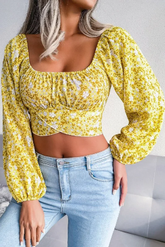 Price Cut LANTERN SLEEVE BOW FLORAL CHIFFON CROP BLOUSE