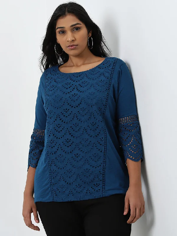 Online Specials Gia Dark Blue Schiffli Design Cotton Blouse
