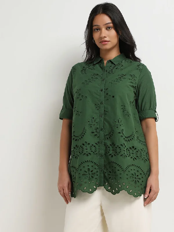 Final Offer Gia Dark Green Schiffli Design Cotton Shirt