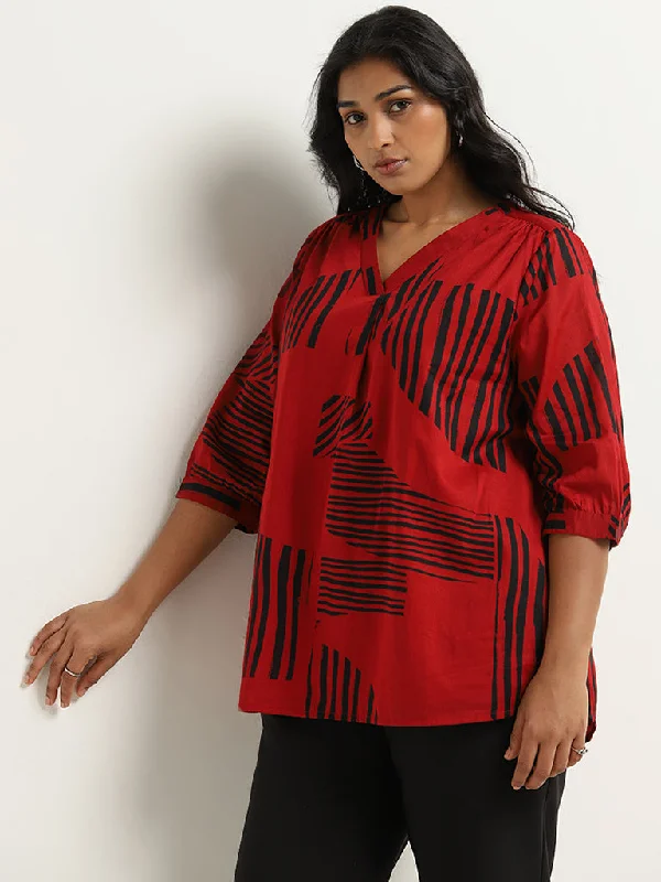Exclusive Deal Gia Dark Red Abstract Printed Cotton Blouse