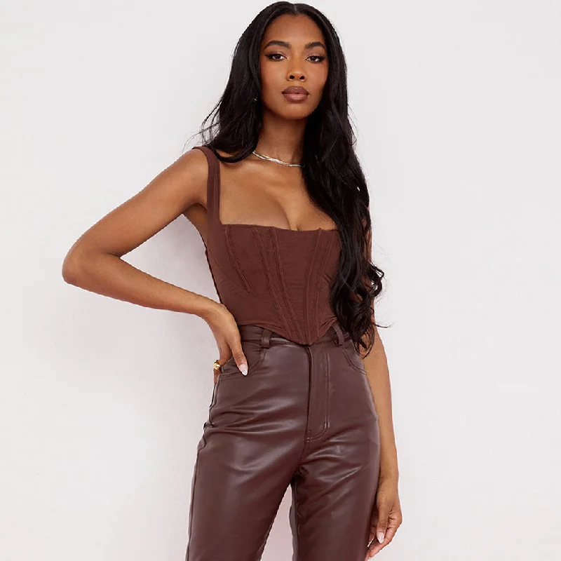 Get It Before It’s Gone Trendy Suspender Strap Square Neck Crop Corset Top - Coffee