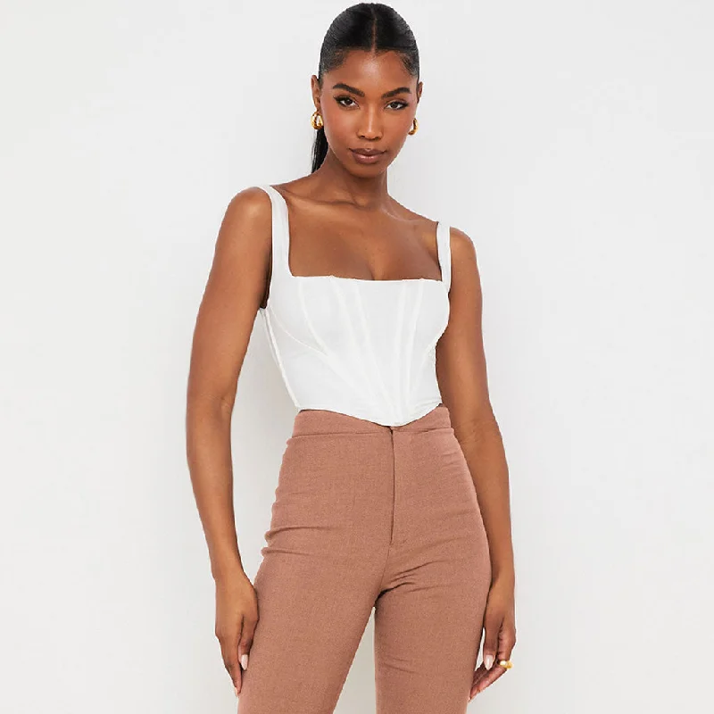 Exclusive Access Trendy Suspender Strap Square Neck Crop Corset Top - White