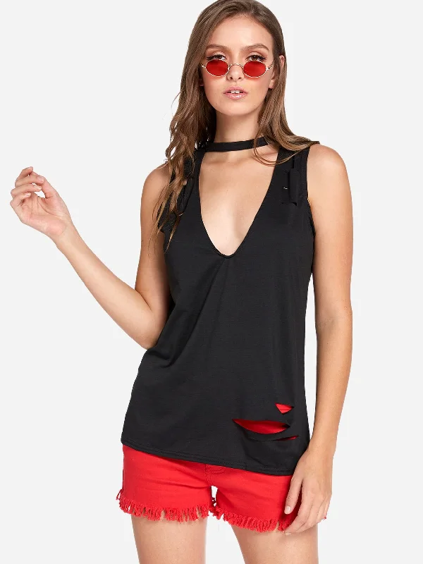 Take Advantage Custom V-Neck Random Ripped Sleeveless Black Camis