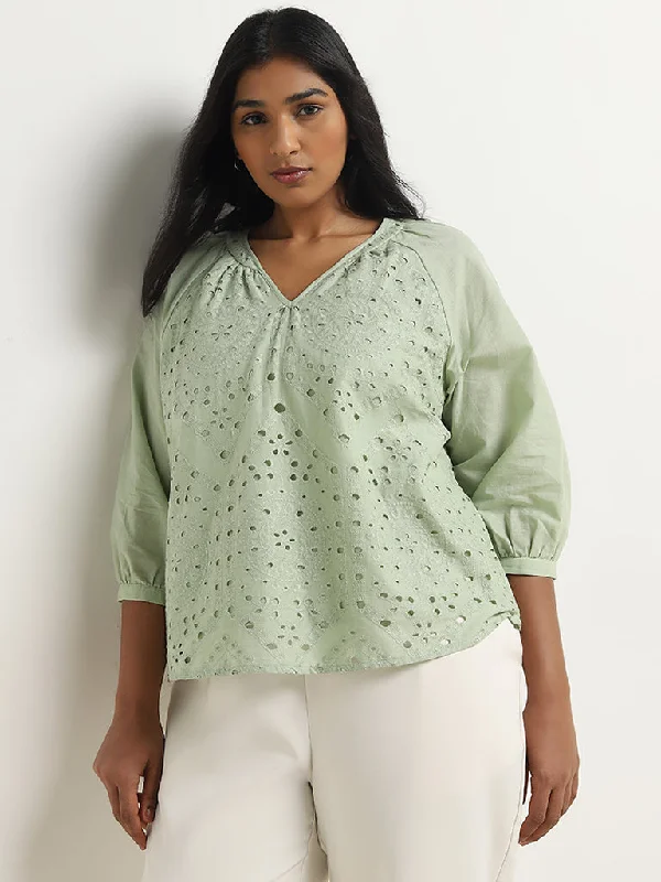 Exclusive Deal Gia Light Sage Schiffli Detailed Cotton Top