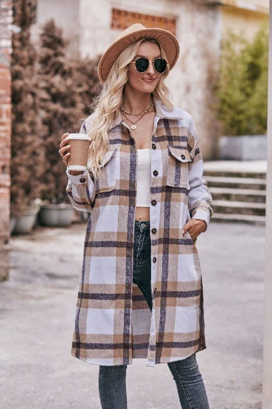 Exclusive Weekend Offers Inside WOMEN CASUAL FLANNEL PLAID LONG BUTTON UP COAT