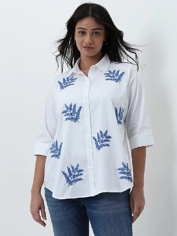 Deal of the Day Gia White Leaf Embroidered Cotton Shirt