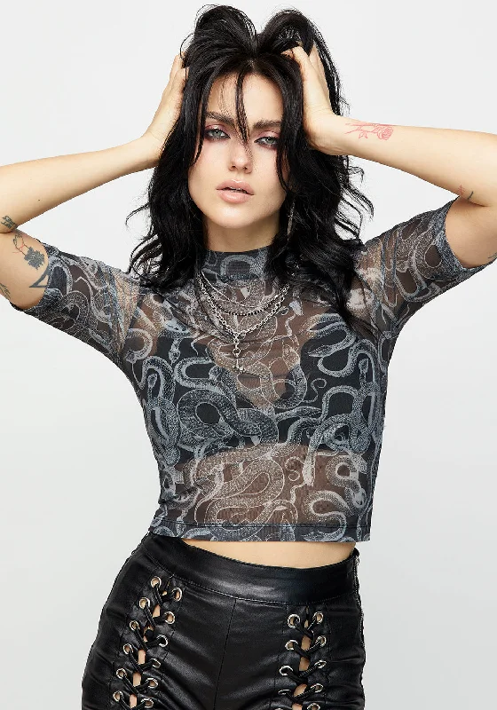 New Deals Serpente Print Mesh Short Sleeve Crop Top