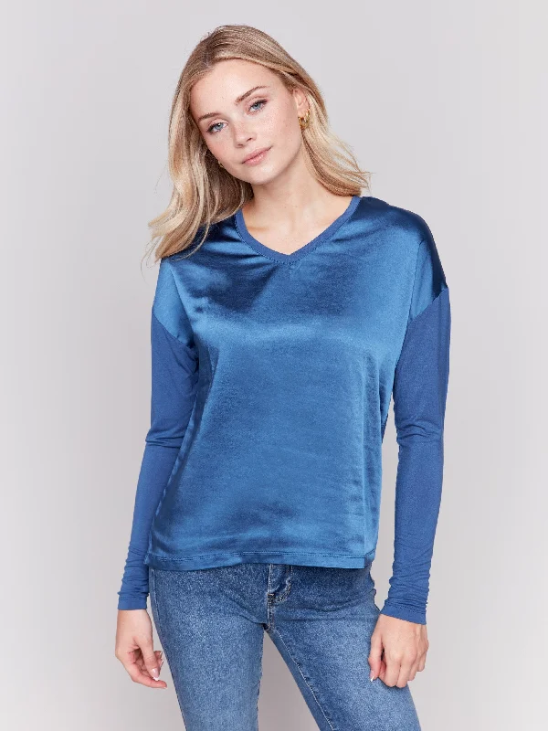 Weekend Offers That Tempt Satin and Jersey V-Neck Knit Top - Denim