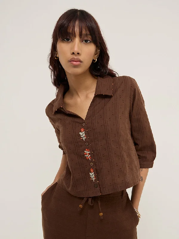 Final Sale Bombay Paisley Brown Floral Embroidered Cotton Shirt
