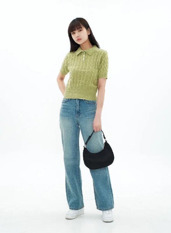 Exclusive Online Offer Cable Knit Collared Short-sleeve Sweater CA01