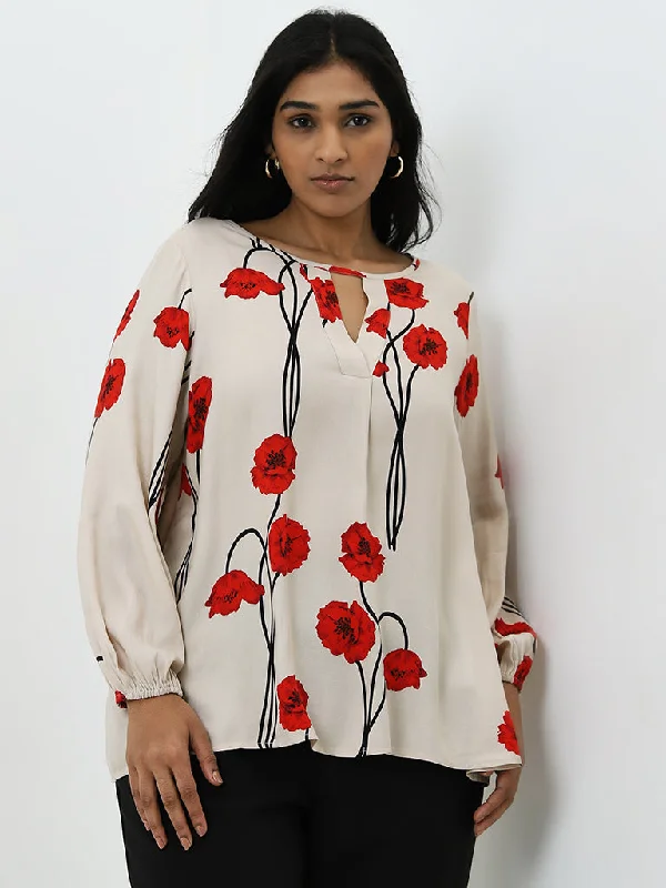 Limited Quantity Gia Beige & Red Floral Printed Blouse