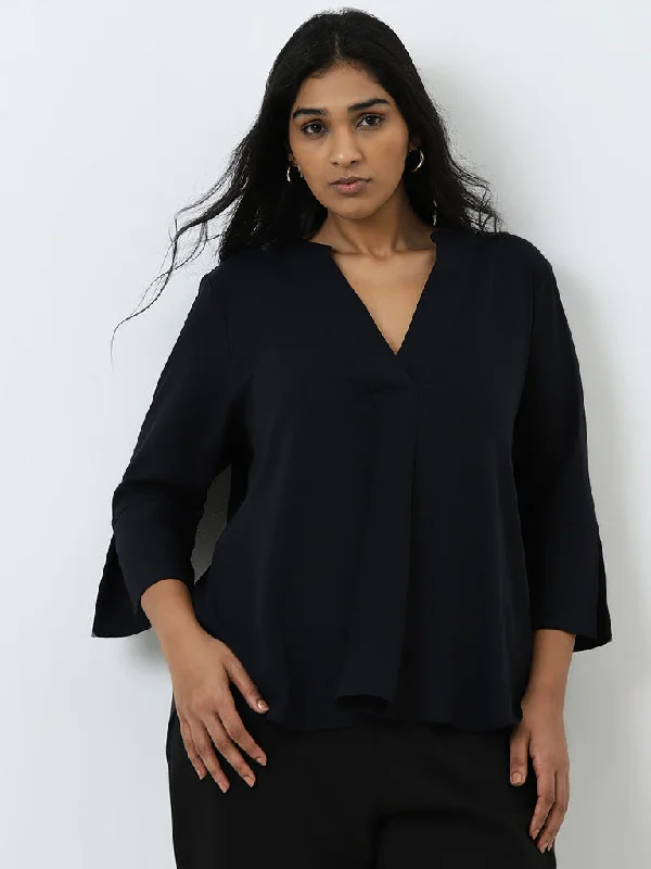 Price Slash Gia Navy Pleated High-Low Blouse