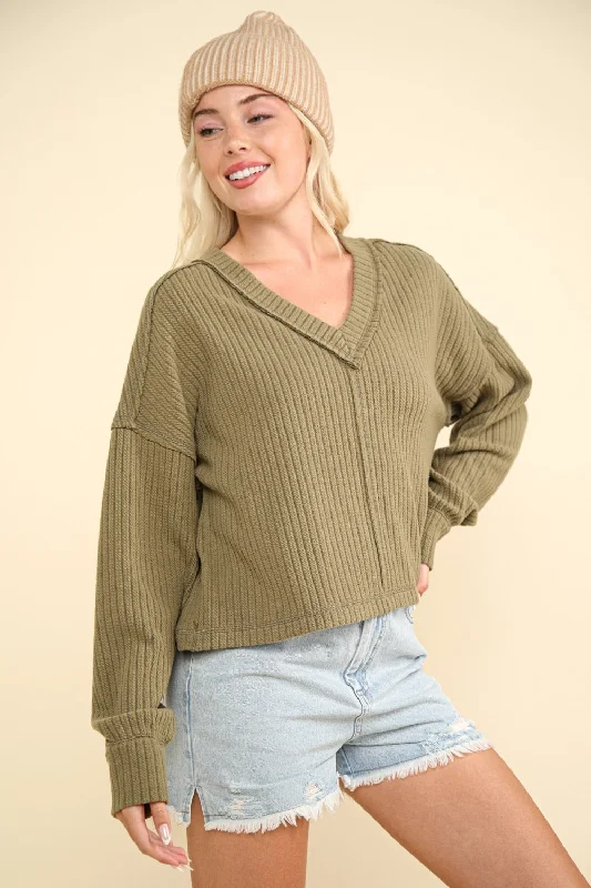 Exclusive Online Offer VERY J Exposed Seam V-Neck Ribbed Knit Top