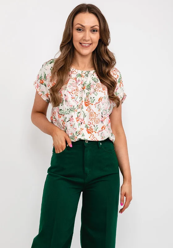 Savings Event Fransa Pleat Neck Floral Top, White Multi