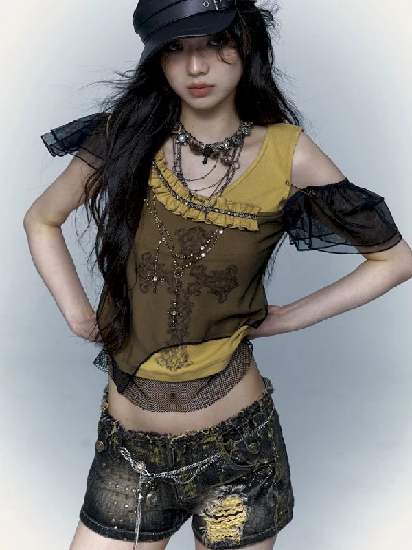 Time-Limited Offer Asymmetric Spliced ​​Mesh Rhinestone Printed Short Sleeve T-Shirt [S0000009002]