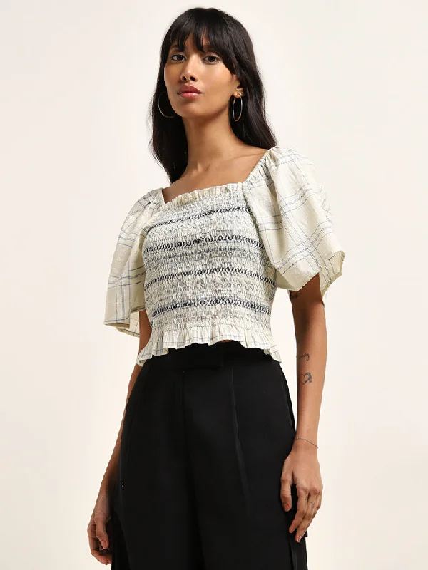 Weekend Specials Just for You Bombay Paisley Ivory Checks Design Smocked Cotton Top