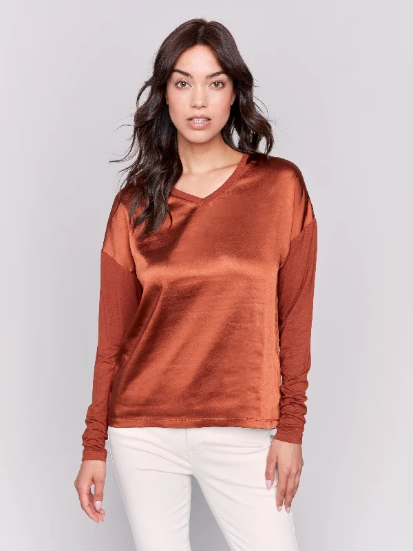 While Supplies Last Satin and Jersey V-Neck Knit Top - Terracotta
