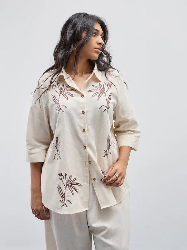 Clearance Event Gia Beige Foliage Embroidered Cotton Blend Shirt