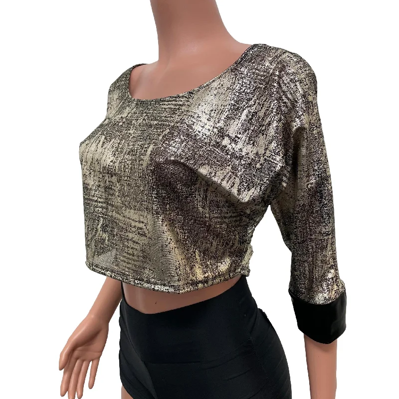 Reduced Prices Dolman Crop Top in Black/Gold Mesh Sheer Loose Tee Rave Top
