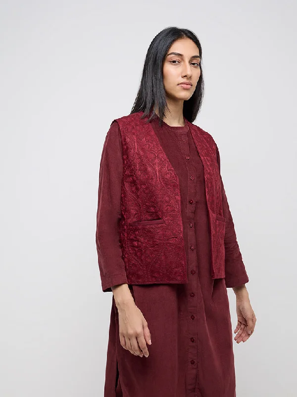 Reduced Rates Utsa Maroon Embroidered Cotton Jacket
