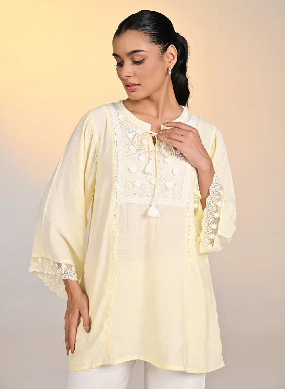 Overstock Clearance Zareen Lemon Embroidered Satin Top For Women
