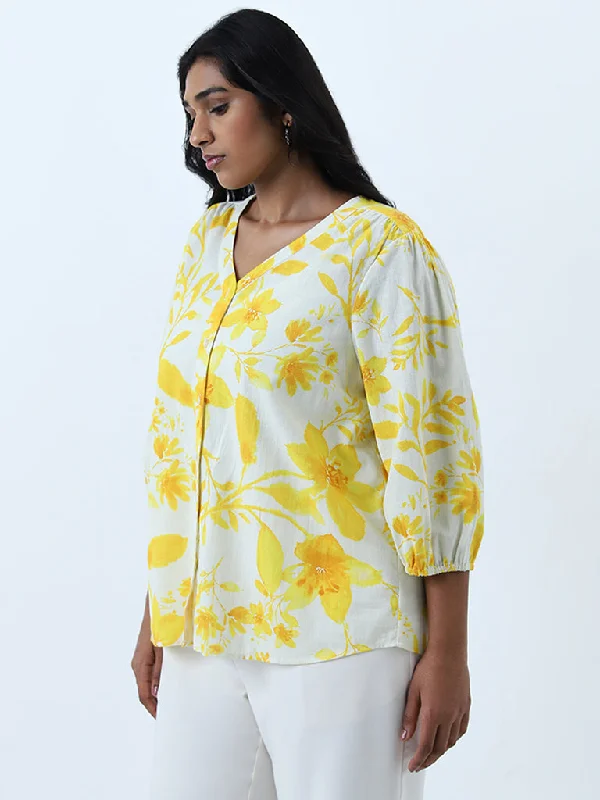 Act Fast Gia Yellow Floral Printed Cotton Blend Blouse