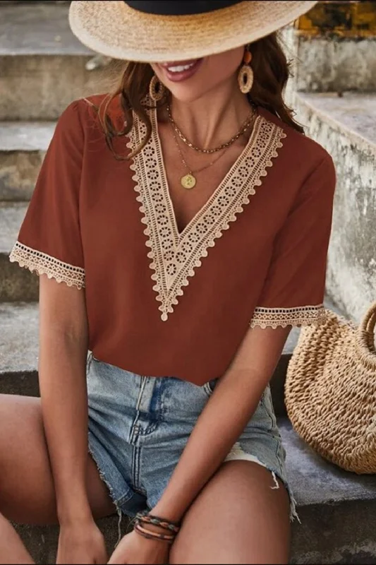 Deal Mania Full Size Lace Detail V-Neck Short Sleeve Blouse